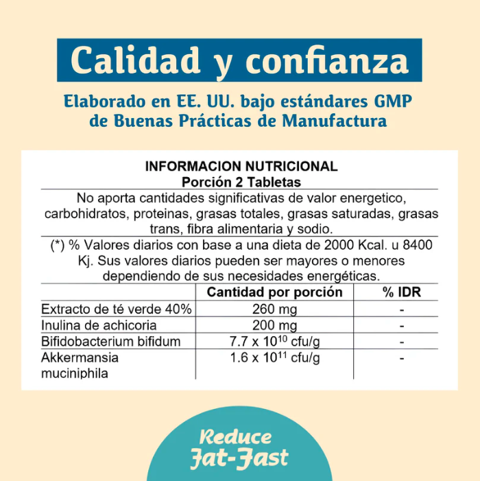 Pastillas Reduce Fat Fast con GLP-1 - 1 mes de uso (60 pastillas)